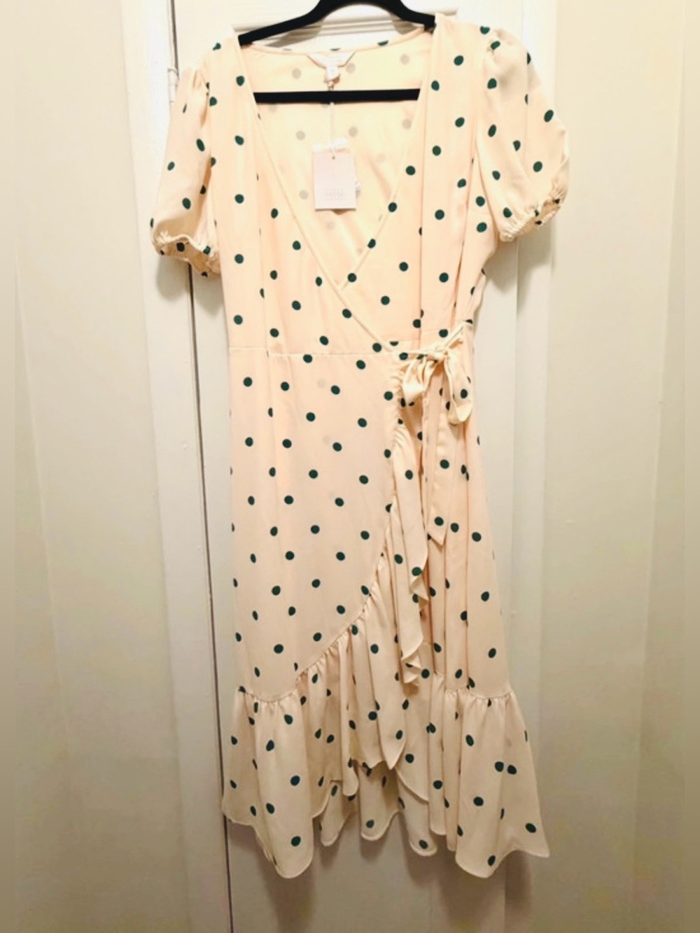 LC Lauren Conrad Cream and Green Polka Dot Midi Dress